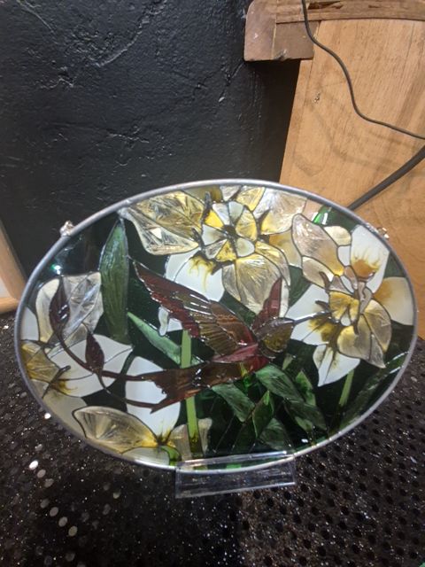 Red Bird, White Flowers  Stained Glass Oval Picture, 7" × 5.5"