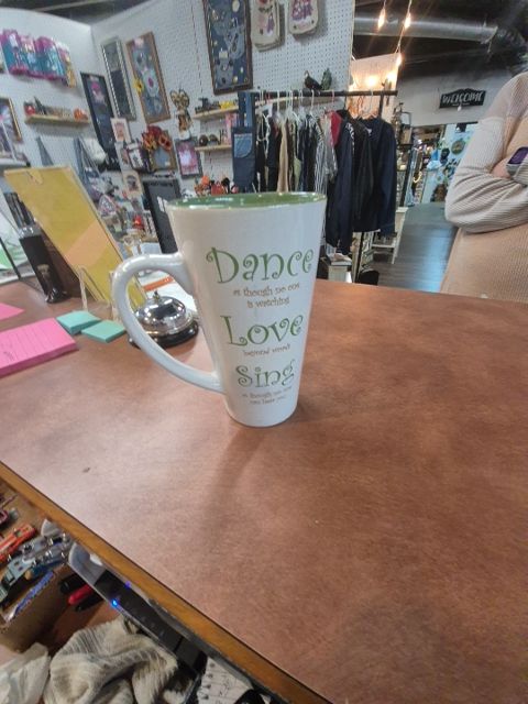 Green and white coffee mug