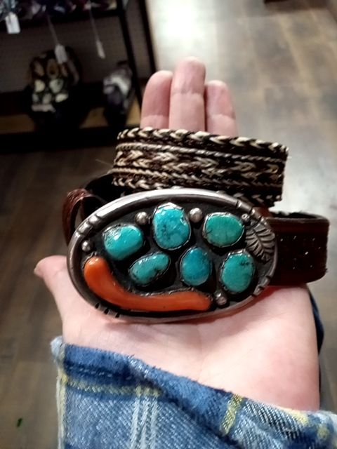 Beautiful Navajo sterling silver, coral & turquoise buckle on horse hair & leather belt leather