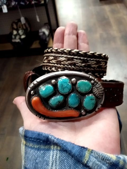 Beautiful Navajo sterling silver, coral & turquoise buckle on horse hair & leather belt leather