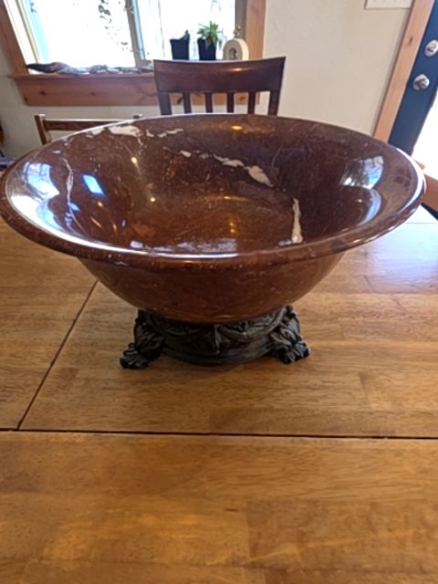 Brecciated Marble Tazza Bowl with Ornate Cast Metal Base, 14" dia x 9" tall