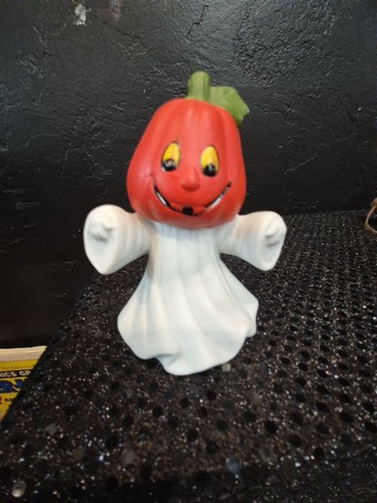 Orange & White  Pumpkin Head Ghost (Long Head) Figurine, 4"