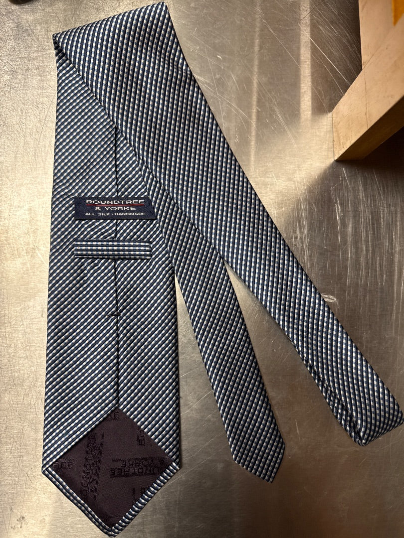 100% Imported Silk Roundtree & York Blue/White/Black Tie