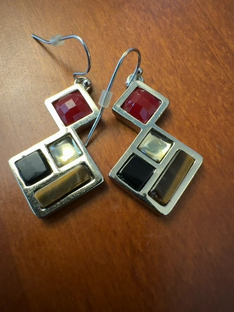 Geometric mosaic red black brown clear dangle earrings