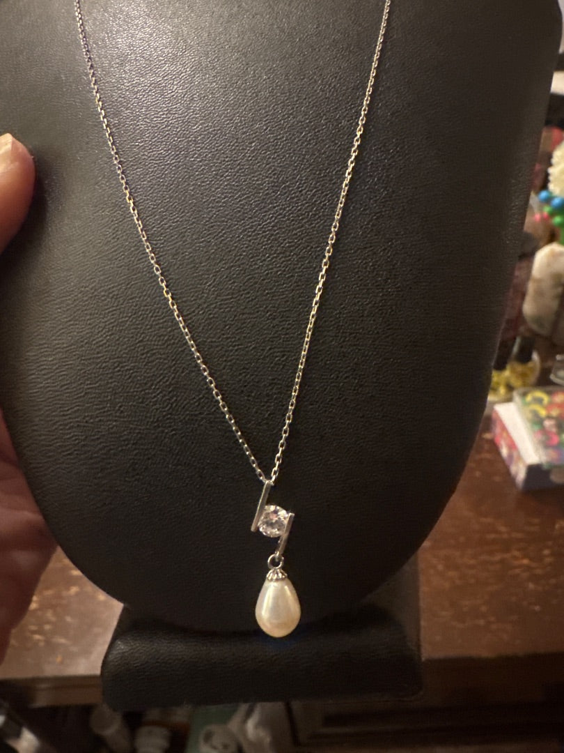 Pearl, CZ, and sterling necklace