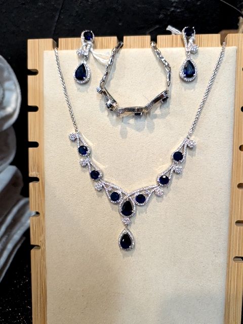 Blue & Silver Jewelry Set Necklace Earrings and Bracelet
