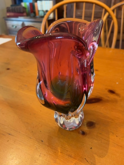 Art Glass Vase: Cranberry & Emerald Colors