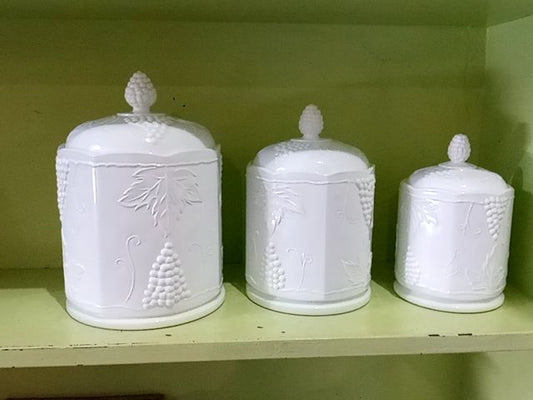 White Indiana Glass Harvest Grape milk glass canister set, Large