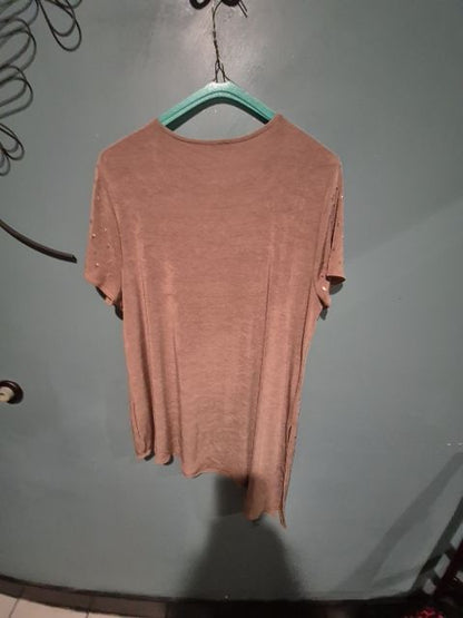Beige Travelers By Chicos Top w/ metallic emblishments, 2