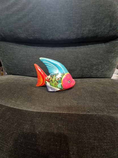 Pink Face, Red Tail, Portrait on Body Hand-Painted Mexican Pottery Fish, 6 Inches