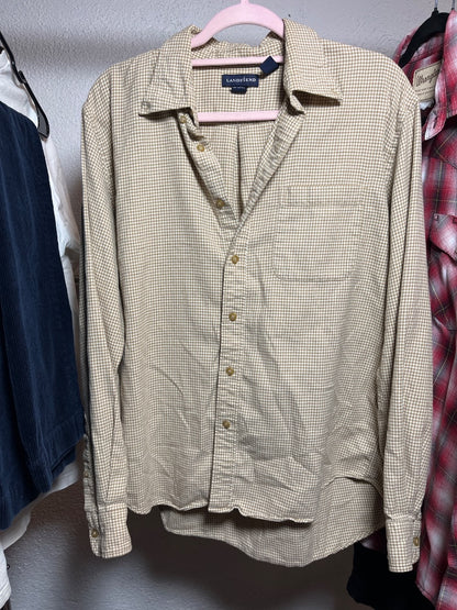 Men’s Land’s End Tan Gingham Button-Up, L