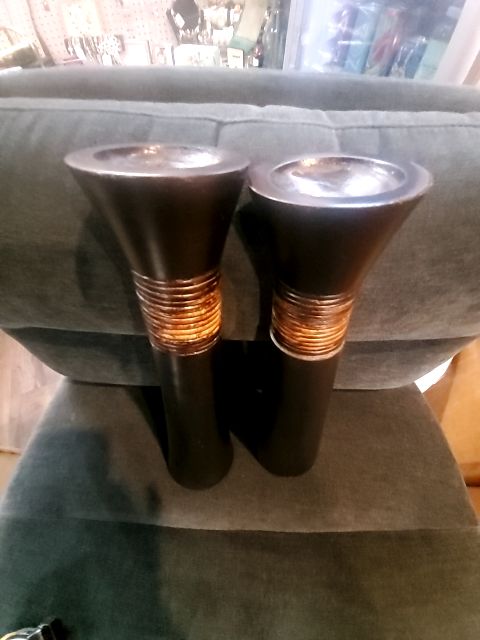 West Africa Wooden Candlestick Holders, 1 Pair, 3.5" × 14"