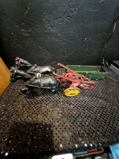 Cast Iron Black, Red, & Green McCormick Deering Horses & Plow, Wagon Set; missing wheels