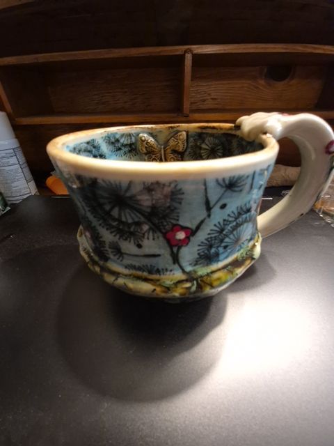 Floral w/Butterfly Inside Rim Signed Melony Sawyer Ceramic Mug