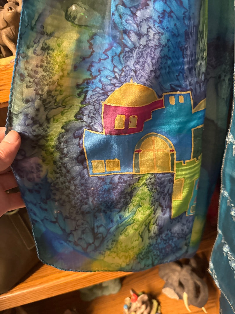 Handpainted Galilee Silks Earth-Tone Scarf with House