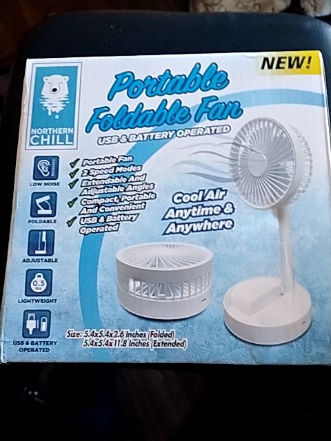 White (Blue & Wht Box Northern Chill Portable Foldable Fan, 5.4x 5.4x2.6 (folded) 5.4x5.4x11.8 (Extended)