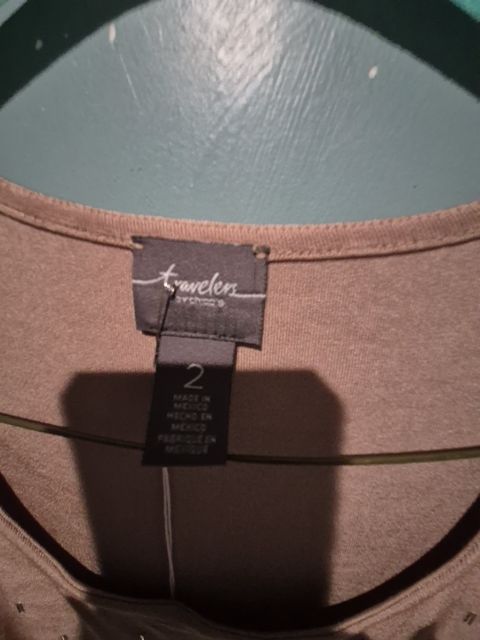 Beige Travelers By Chicos Top w/ metallic emblishments, 2
