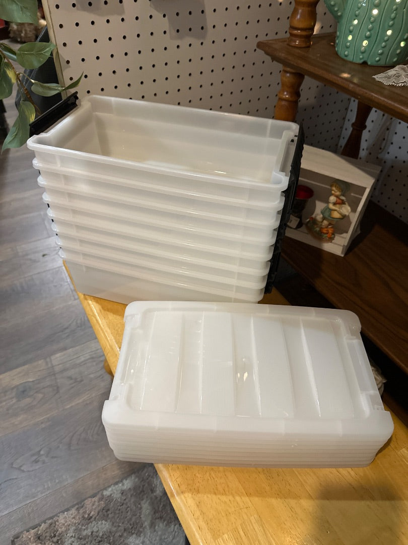 White clasp storage bins.  Approximately 7 x 13.