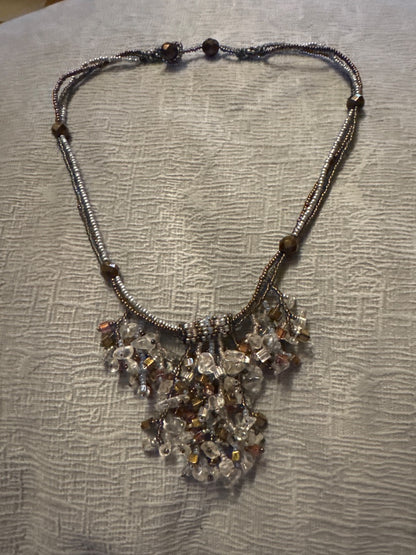 Brown, clear, silver Unknown Quartz and tiger eye bead necklace., 18 inch
