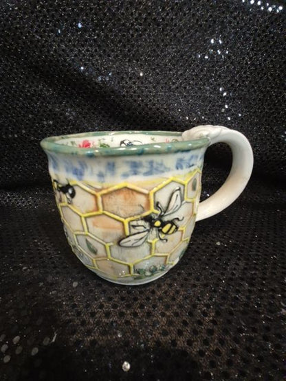 Signed Melony Sawyer Bumblebee Ceramic Mug, 4.5" × 4"