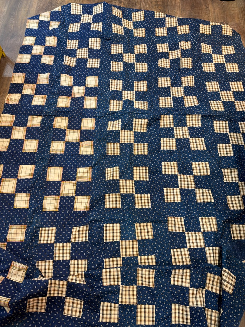 Blue w/ cream plaid Handmade Blue Antique Quilt Top, 56” x 86”