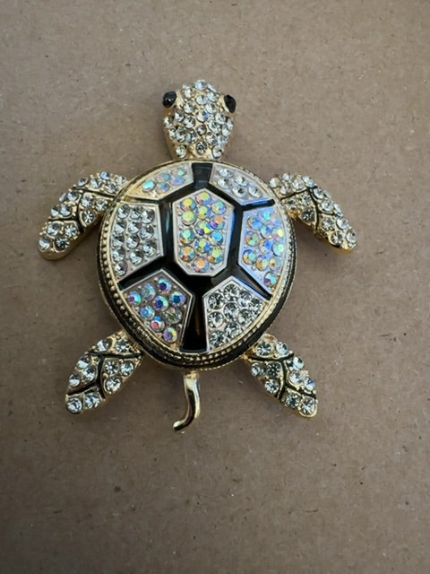 Lg silver tone & black turtle brooch