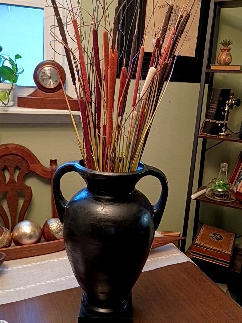 Rustic texture black vase 11" x 17", cat tails, total height 33"
