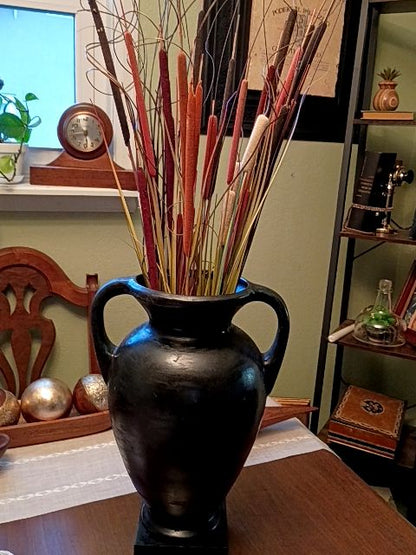Rustic texture black vase 11" x 17", cat tails, total height 33"