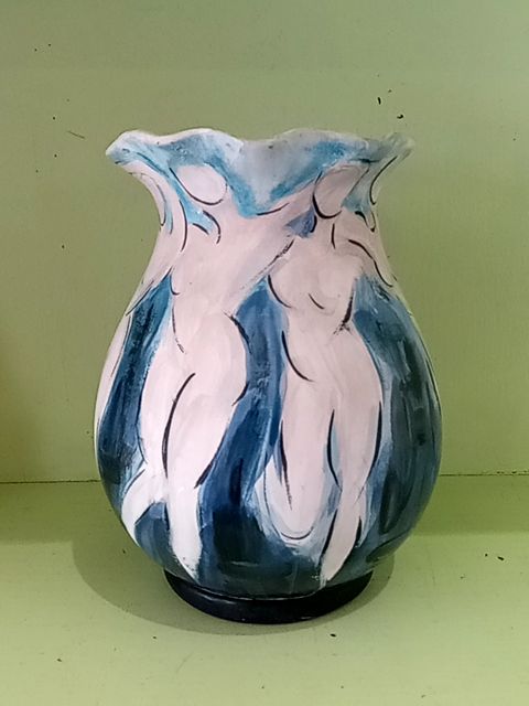 Blue Unknown Vintage Signed Nude Vase, Medium
