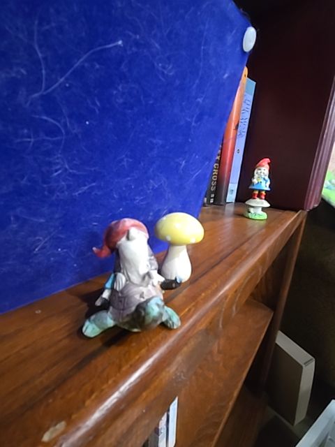 Green turtle, red hat blue pant man gnome yellow mushroom  Turtle with gnome man and yellow mushroom, 2in.