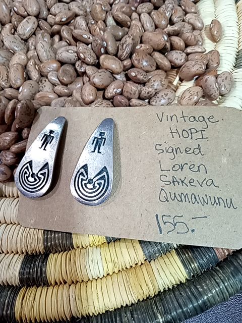 Sterling silver vintage Hopi signed Loren Sakeva Q. Earrings
