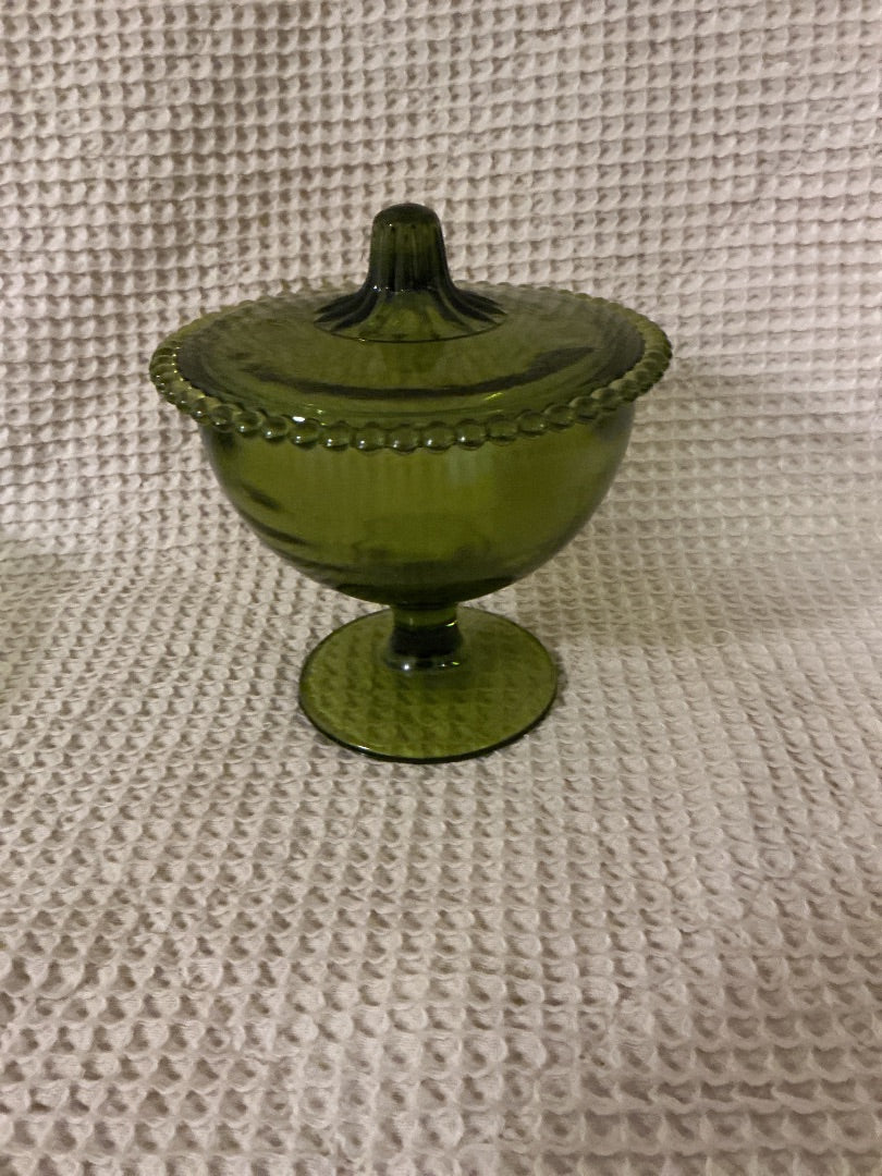 green Indiana Glass Co Green Lidded  Footed Candy Dish, 6.5”