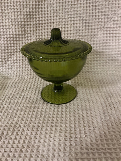 green Indiana Glass Co Green Lidded  Footed Candy Dish, 6.5”