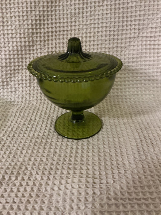 green Indiana Glass Co Green Lidded  Footed Candy Dish, 6.5”