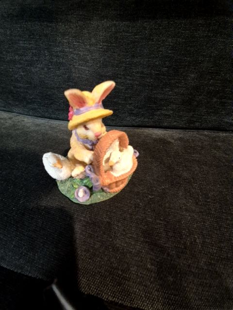 Brown & White  Bunny w/Ducks in Basket Figurine, 3.5" × 3" × 3.5"