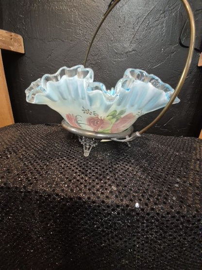 Blue Floral Hand painted Brides Basket, 10"