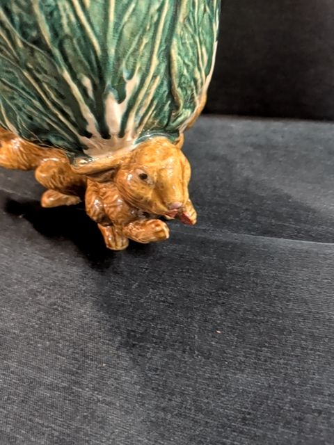 Porcelain Bunnies Holding Cabbage Pot (Missing a carrot), 9x11inch