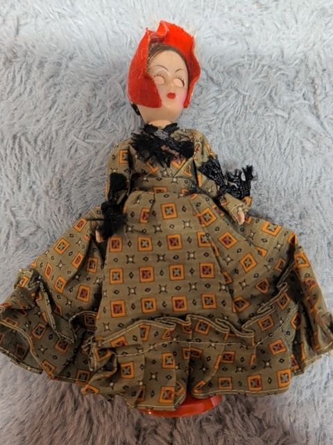 Olive Dress, Red Hat  Vintage Doll