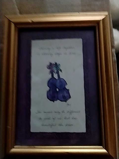 Burgundy Mauve W/Painted brass color frame  Art picture Violins, 5 X 7