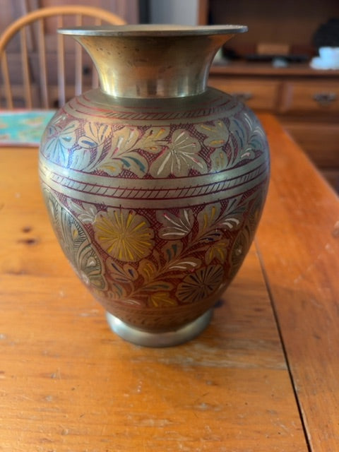 Vintage Brass vase with etched floral pattern
