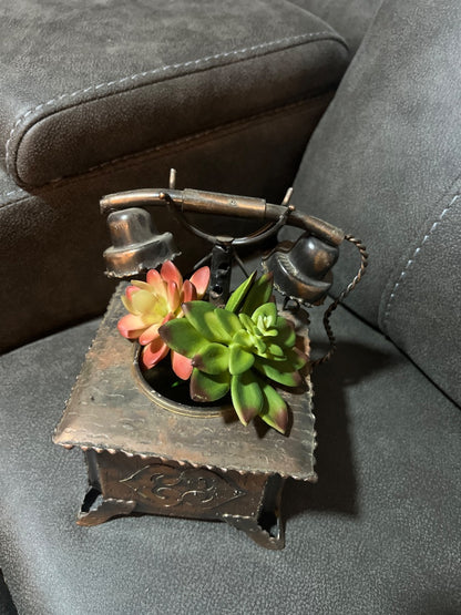 vintage upcycled or novelty metal telephone planter holding faux succulents.