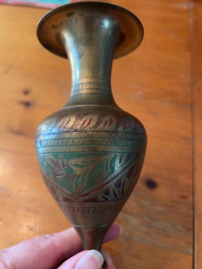 Vintage India Brass Handcrafted Flower Vase - 8"