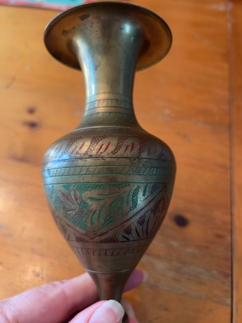 Vintage India Brass Handcrafted Flower Vase - 8"