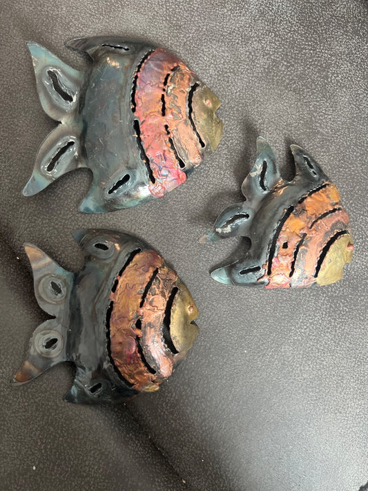 Hand-painted metal wall art fish.