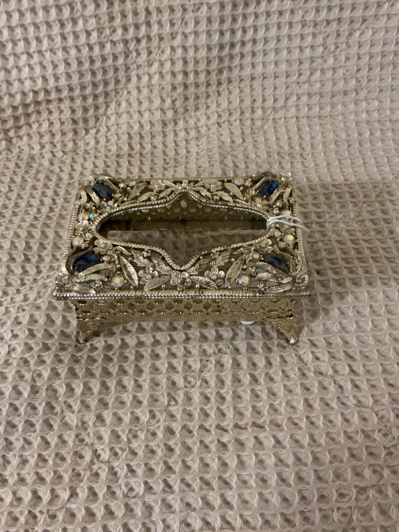 Silver and Blue Sam Fink Sam Fink Jeweled Tissue Box, 4.5x3”