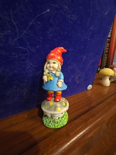 Red boots ,blue jacket,red hat  Gnome girl on mushroom  with red hat blue dress, 3inch tall