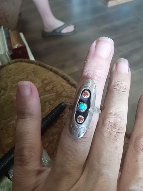 Sterling silver  Very old sterling shadow box ring with coral and turquoise as is, 7