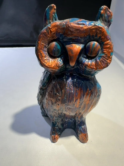 Cooper Teal Purple Luminous Creations Acrylic Poured Ceramic Owl, 7 inches X 4 inches x 3 inches