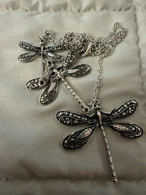 Three dragonfly silver tone necklace