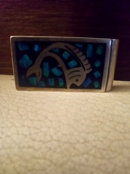 Vintage sterling silver Taxco money clip w/fish & chip inlay